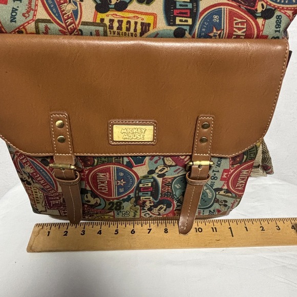 Disney Mickey Mouse Vintage Collage Backpack Brown Leather Accents - Picture 5 of 9
